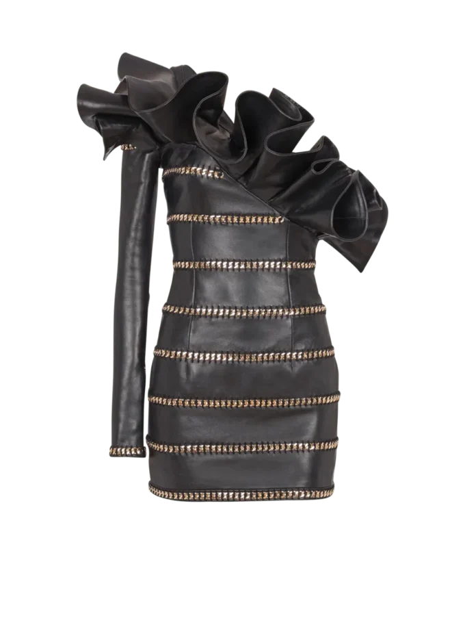 Abito aderente asimmetrico in pelle con catene Abito aderente asimmetrico in pelle con catene