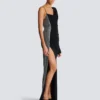 Abito asimmetrico drappeggiato in due materiali Abito asimmetrico drappeggiato in due materiali