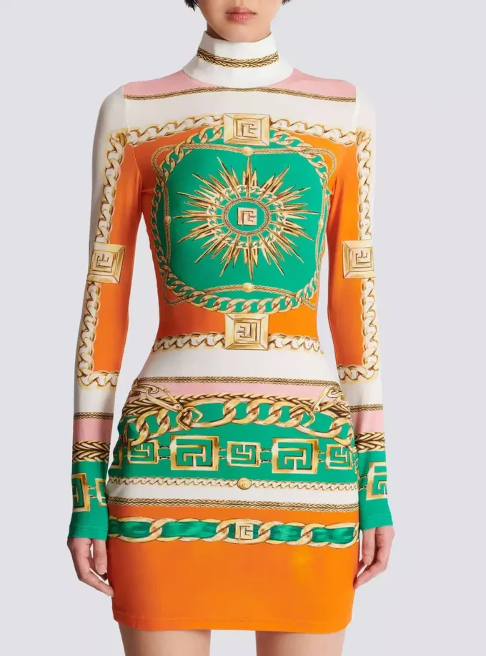 Abito corto aderente stampato con motivo Balmain Foulard Abito corto aderente stampato con motivo Balmain Foulard