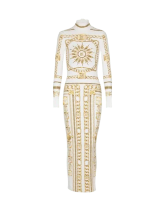 Abito lungo aderente stampato con motivo Balmain Foulard