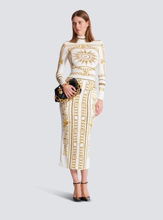 Abito lungo aderente stampato con motivo Balmain Foulard Abito lungo aderente stampato con motivo Balmain Foulard