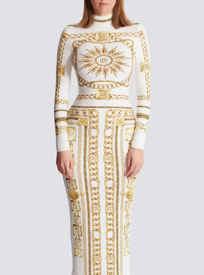 Abito lungo aderente stampato con motivo Balmain Foulard Abito lungo aderente stampato con motivo Balmain Foulard