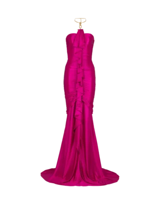 Abito lungo drappeggiato con bustier e dettagli decorativi