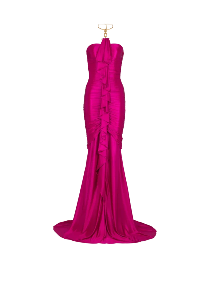 Abito lungo drappeggiato con bustier e dettagli decorativi Abito lungo drappeggiato con bustier e dettagli decorativi
