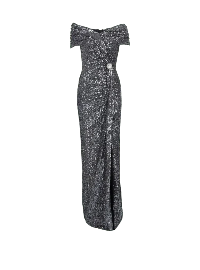 Abito lungo drappeggiato con paillettes