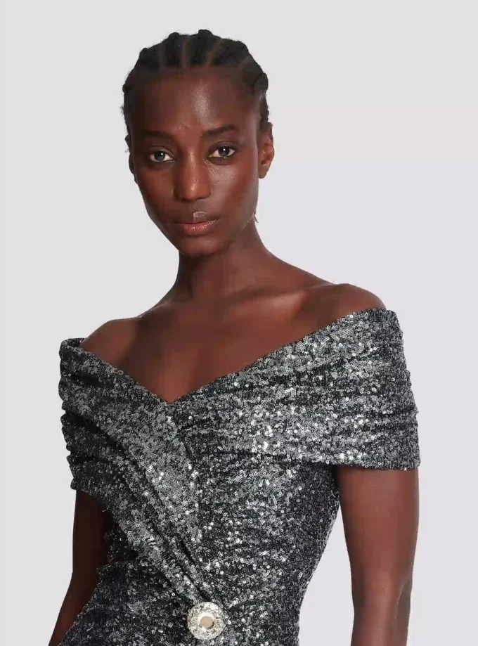 Abito lungo drappeggiato con paillettes