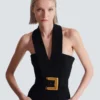 Abito lungo in crêpe con cintura