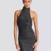 Abito lungo in velluto con scollo all’americana e strass