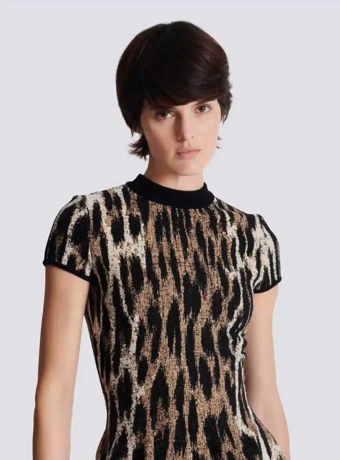 Abito svasato in jacquard con stampa leopardata Abito svasato in jacquard con stampa leopardata
