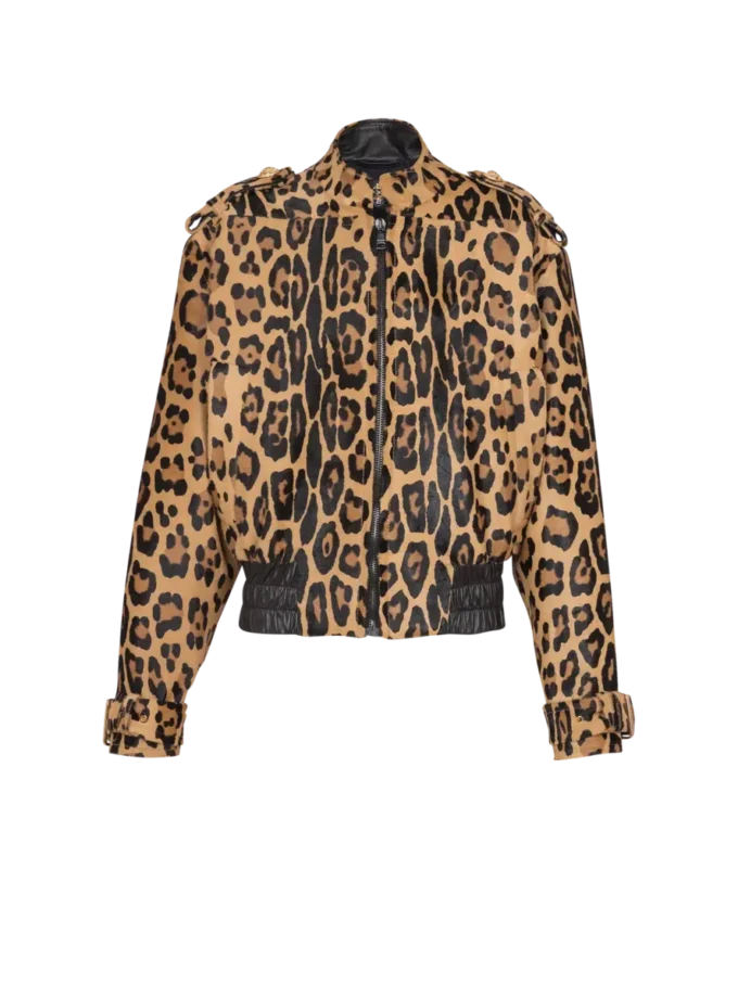 Bomber in pelle stile cavallino con motivo leopardato Bomber in pelle stile cavallino con motivo leopardato