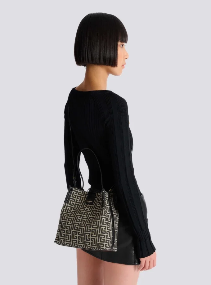 Borsa a secchiello in jacquard e pelle di vitello Borsa a secchiello in jacquard e pelle di vitello