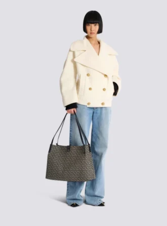 Borsa Shopper media in jacquard monogramma e pelle di vitello