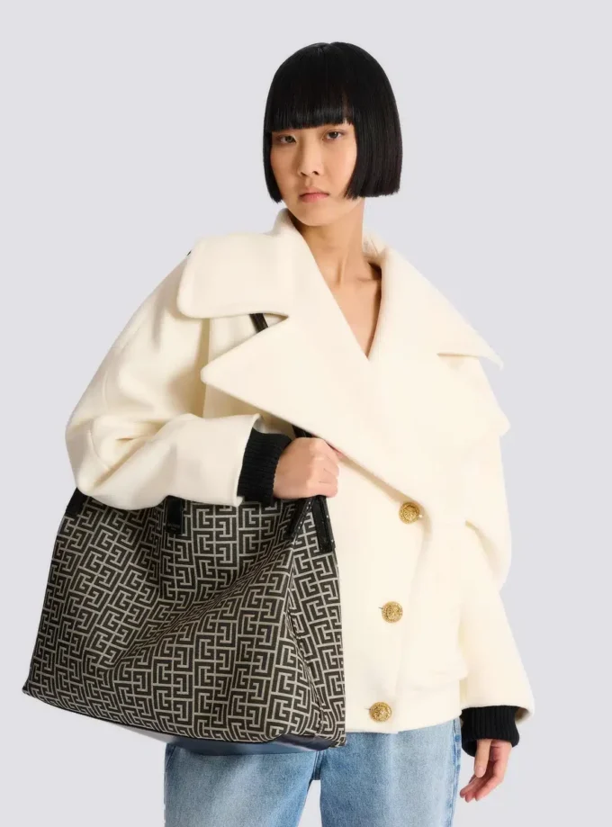 Borsa Shopper media in jacquard monogramma e pelle di vitello Borsa Shopper media in jacquard monogramma e pelle di vitello