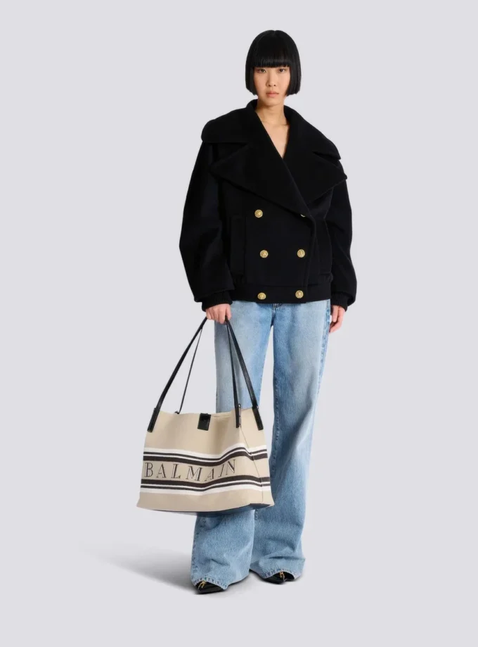 Borsa Shopper media in tela e pelle di vitello Borsa Shopper media in tela e pelle di vitello