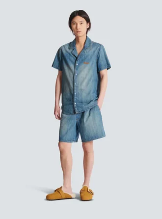 Camicia da pigiama a maniche corte in denim slavato
