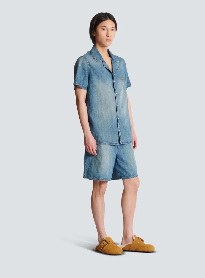 Camicia da pigiama a maniche corte in denim slavato Camicia da pigiama a maniche corte in denim slavato