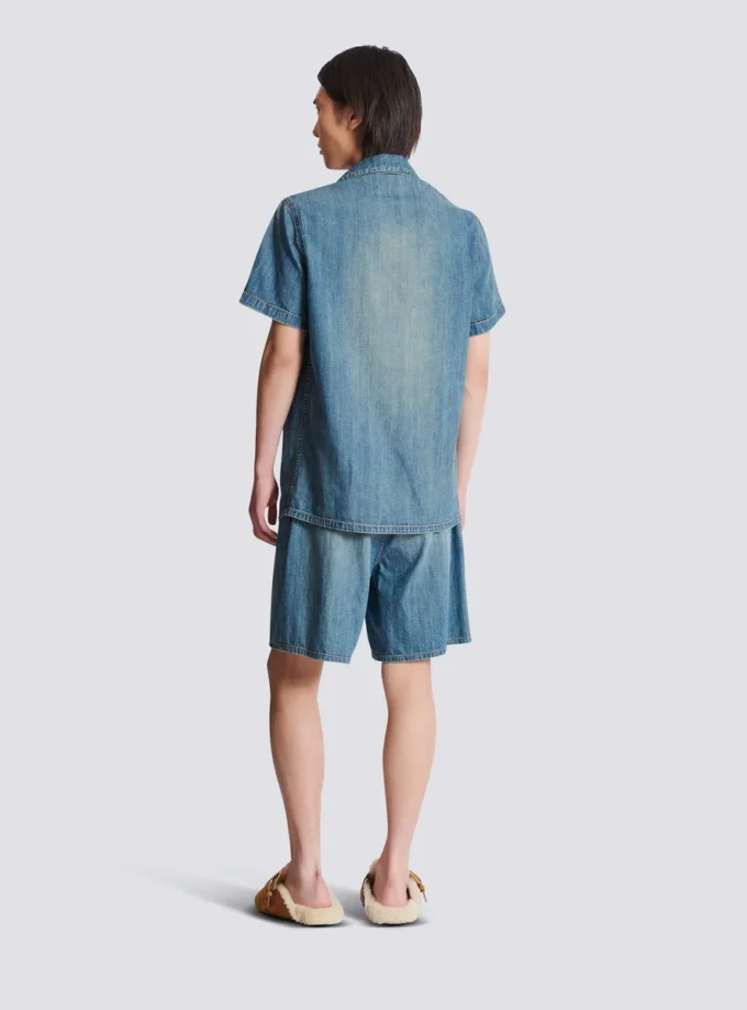Camicia da pigiama a maniche corte in denim slavato Camicia da pigiama a maniche corte in denim slavato