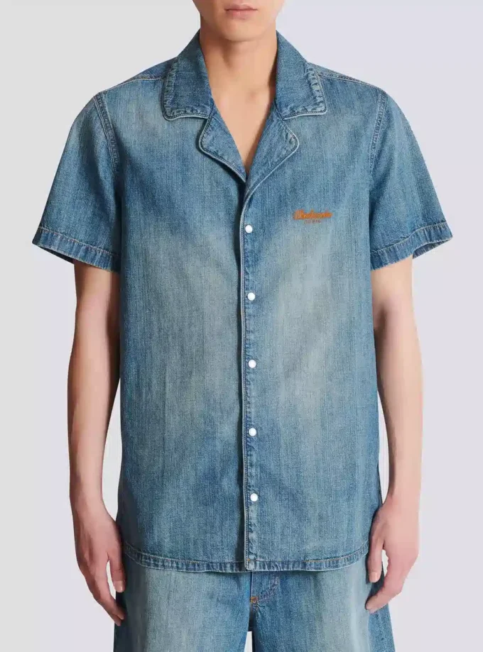 Camicia da pigiama a maniche corte in denim slavato Camicia da pigiama a maniche corte in denim slavato