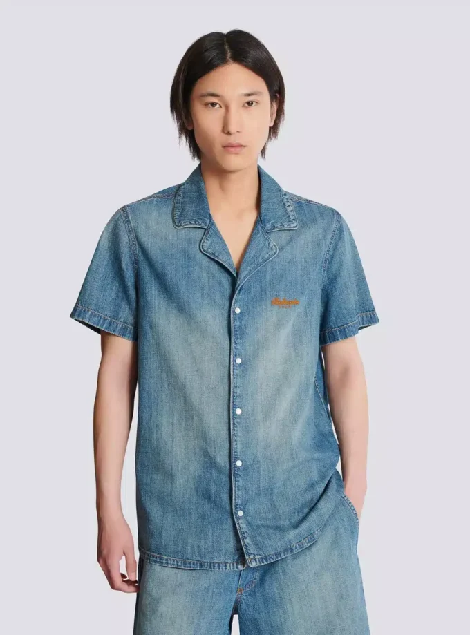 Camicia da pigiama a maniche corte in denim slavato Camicia da pigiama a maniche corte in denim slavato