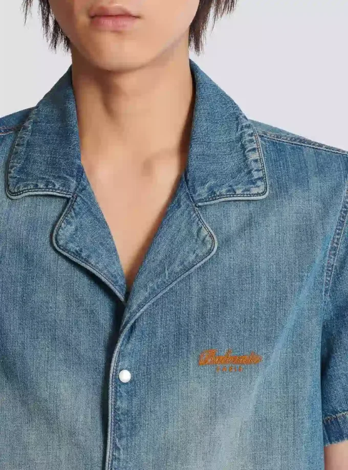 Camicia da pigiama a maniche corte in denim slavato Camicia da pigiama a maniche corte in denim slavato