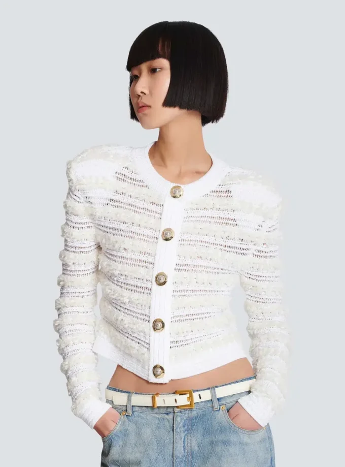 Cardigan a maniche lunghe in maglia effetto tweed Cardigan a maniche lunghe in maglia effetto tweed