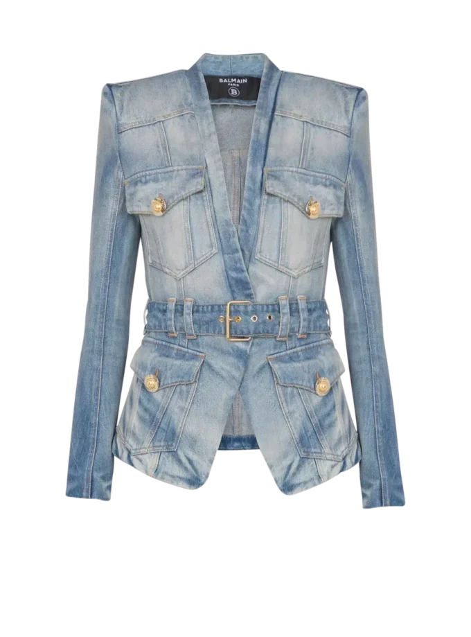 Giacca in denim con cintura e 1 bottone Giacca in denim con cintura e 1 bottone