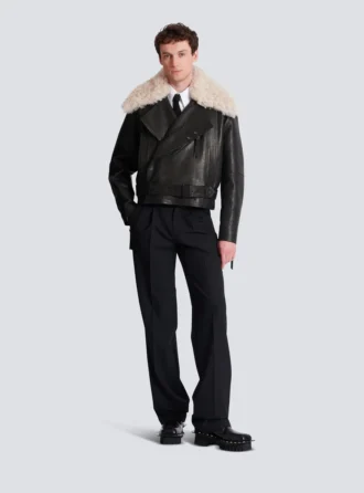 Giacca in pelle con collo in shearling Giacca in pelle con collo in shearling