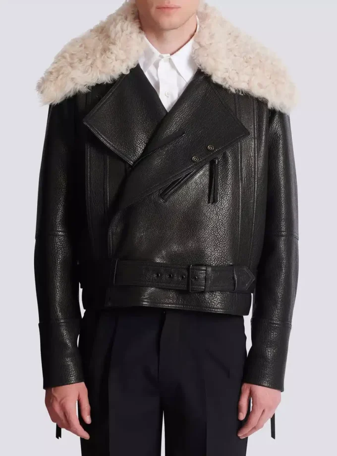 Giacca in pelle con collo in shearling Giacca in pelle con collo in shearling