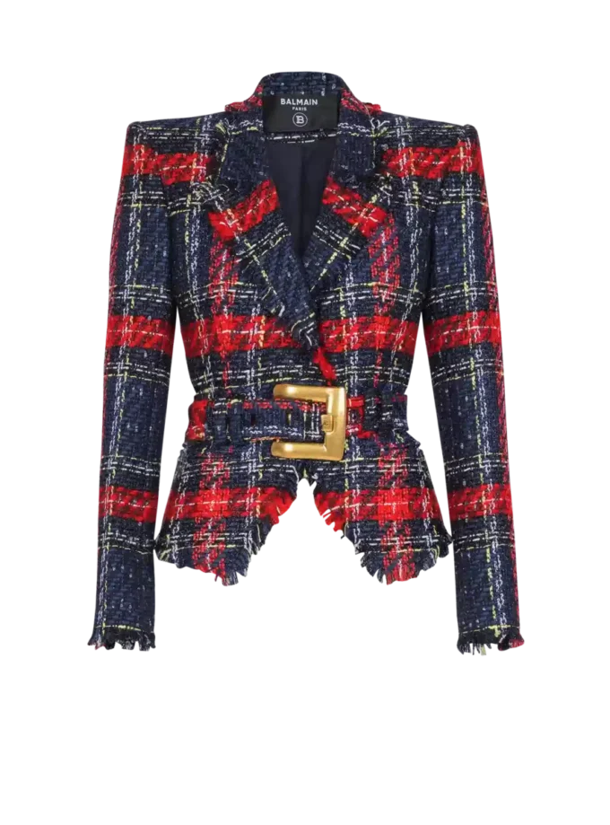 Giacca in tweed a quadri con cintura Giacca in tweed a quadri con cintura