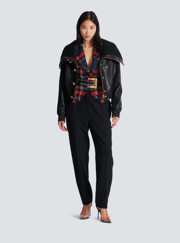 Giacca in tweed a quadri con cintura Giacca in tweed a quadri con cintura