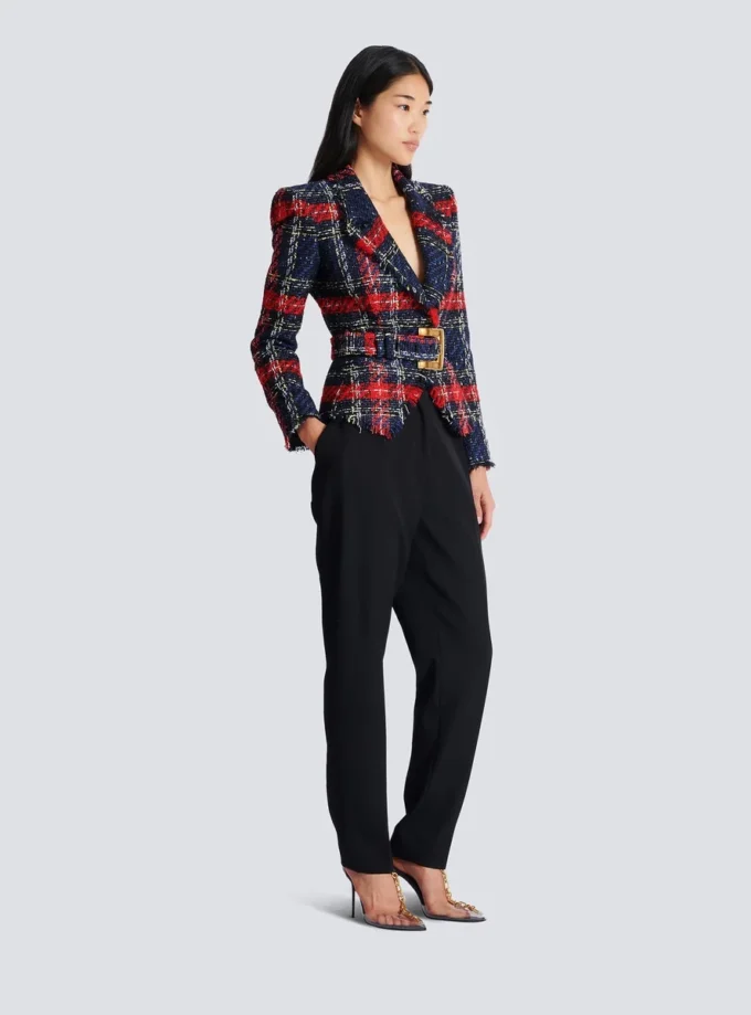 Giacca in tweed a quadri con cintura Giacca in tweed a quadri con cintura