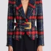 Giacca in tweed a quadri con cintura Giacca in tweed a quadri con cintura