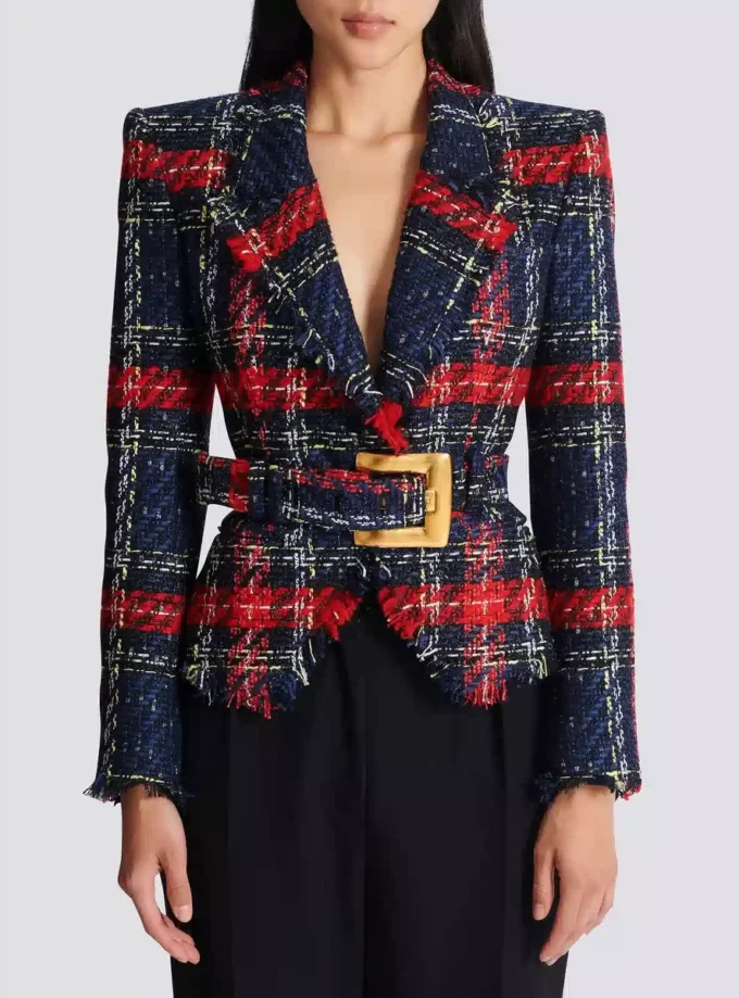 Giacca in tweed a quadri con cintura Giacca in tweed a quadri con cintura