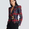 Giacca in tweed a quadri con cintura Giacca in tweed a quadri con cintura