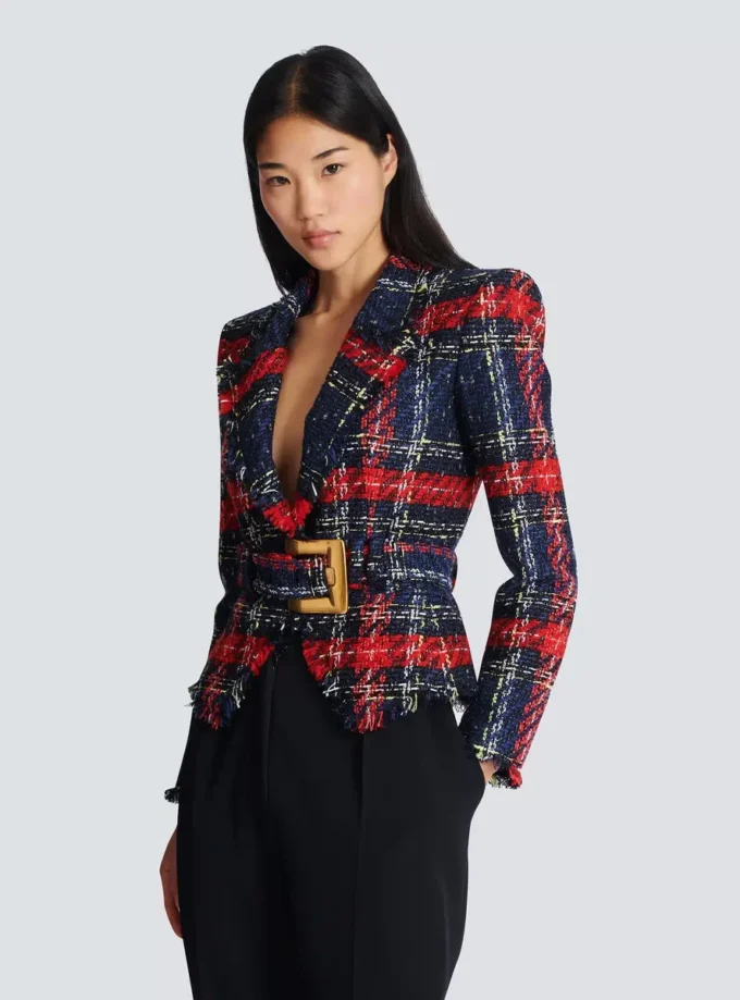 Giacca in tweed a quadri con cintura Giacca in tweed a quadri con cintura