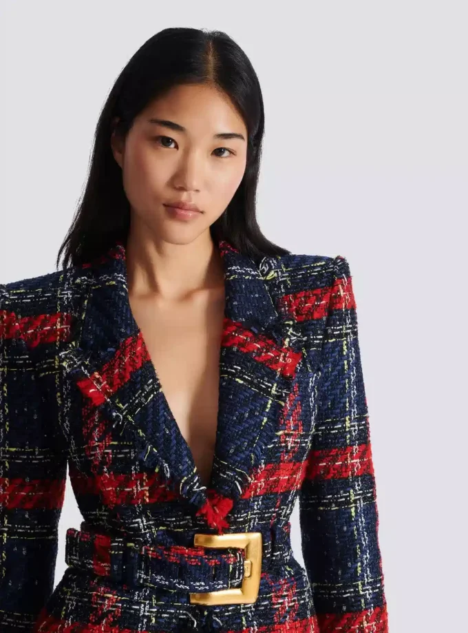 Giacca in tweed a quadri con cintura Giacca in tweed a quadri con cintura