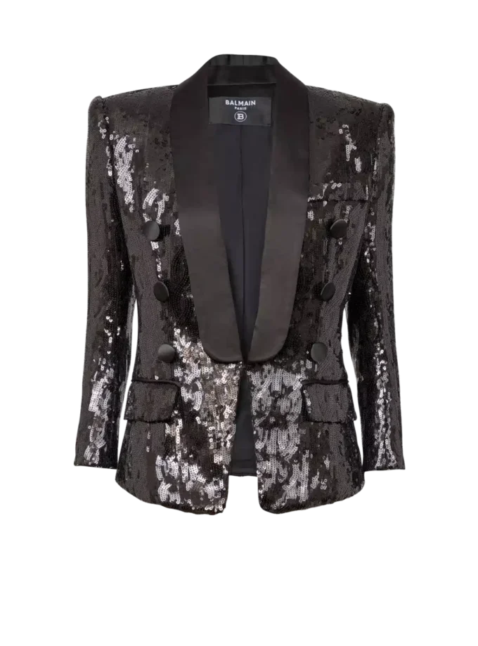 Giacca sartoriale in raso glitterato con scollo a V Giacca sartoriale in raso glitterato con scollo a V