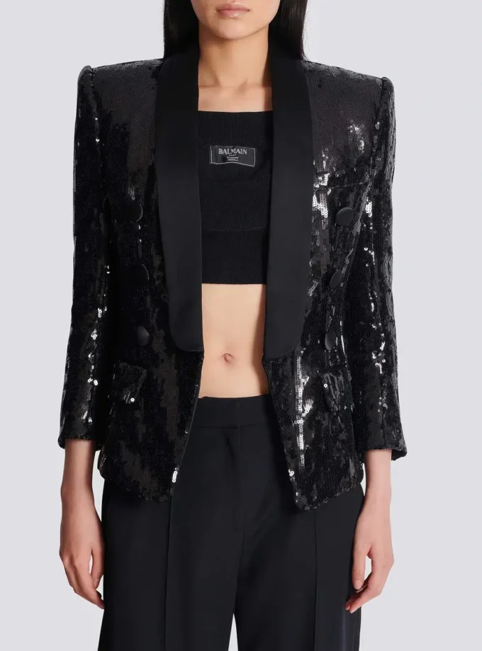 Giacca sartoriale in raso glitterato con scollo a V Giacca sartoriale in raso glitterato con scollo a V