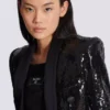 Giacca sartoriale in raso glitterato con scollo a V Giacca sartoriale in raso glitterato con scollo a V