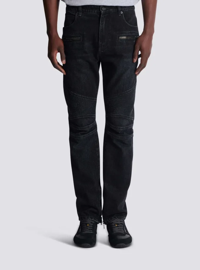 Jeans biker in denim vintage nero