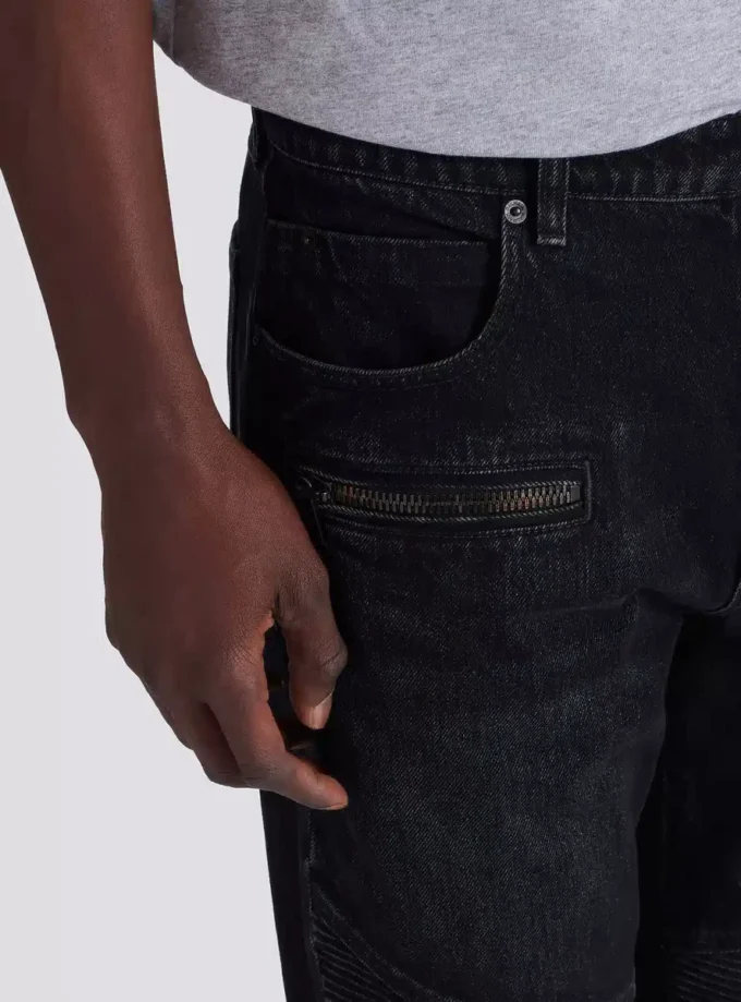 Jeans biker in denim vintage nero