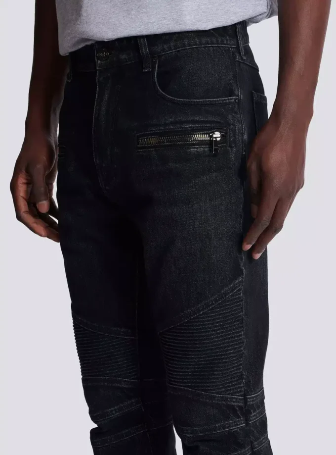 Jeans biker in denim vintage nero