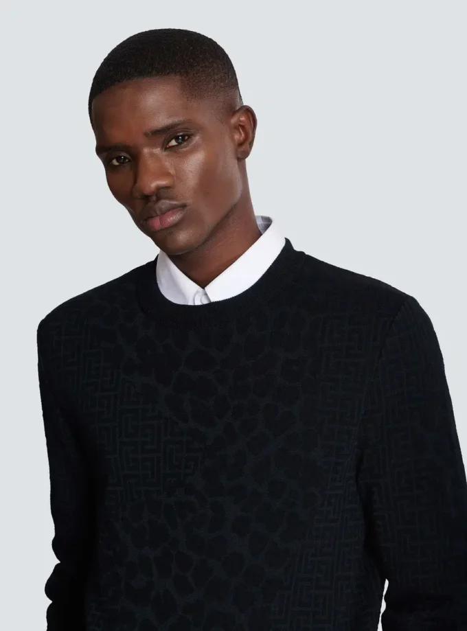 Maglione con motivo leopardato e lavorazione a maglia monogramma Maglione con motivo leopardato e lavorazione a maglia monogramma