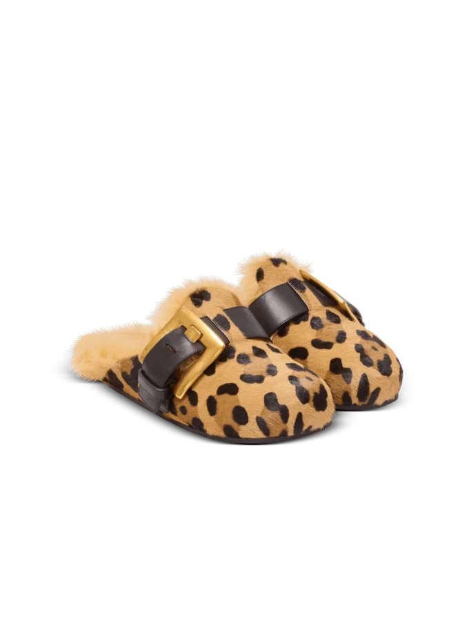 Mules Anthem in pelle di cavallino con stampa leopardata e pelliccia sintetica Mules Anthem in pelle di cavallino con stampa leopardata e pelliccia sintetica