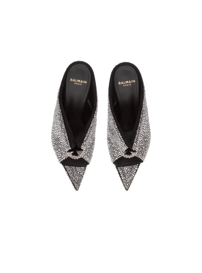 Mules in pelle scamosciata e strass con piercing frontale