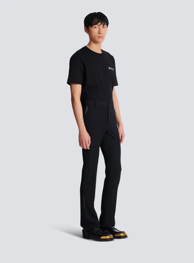 Pantaloni dritti in lana con ricami in cristallo Pantaloni dritti in lana con ricami in cristallo