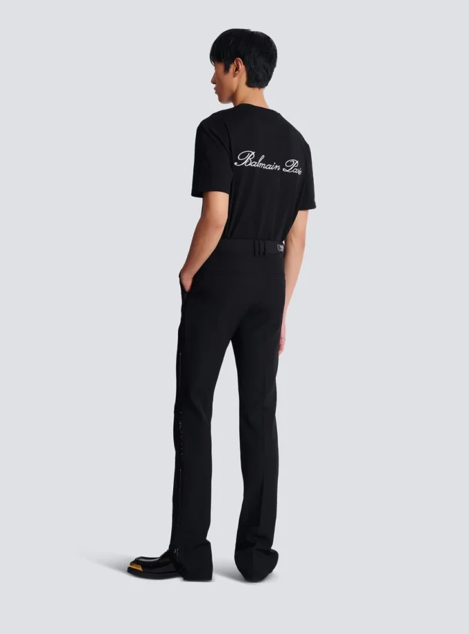 Pantaloni dritti in lana con ricami in cristallo Pantaloni dritti in lana con ricami in cristallo