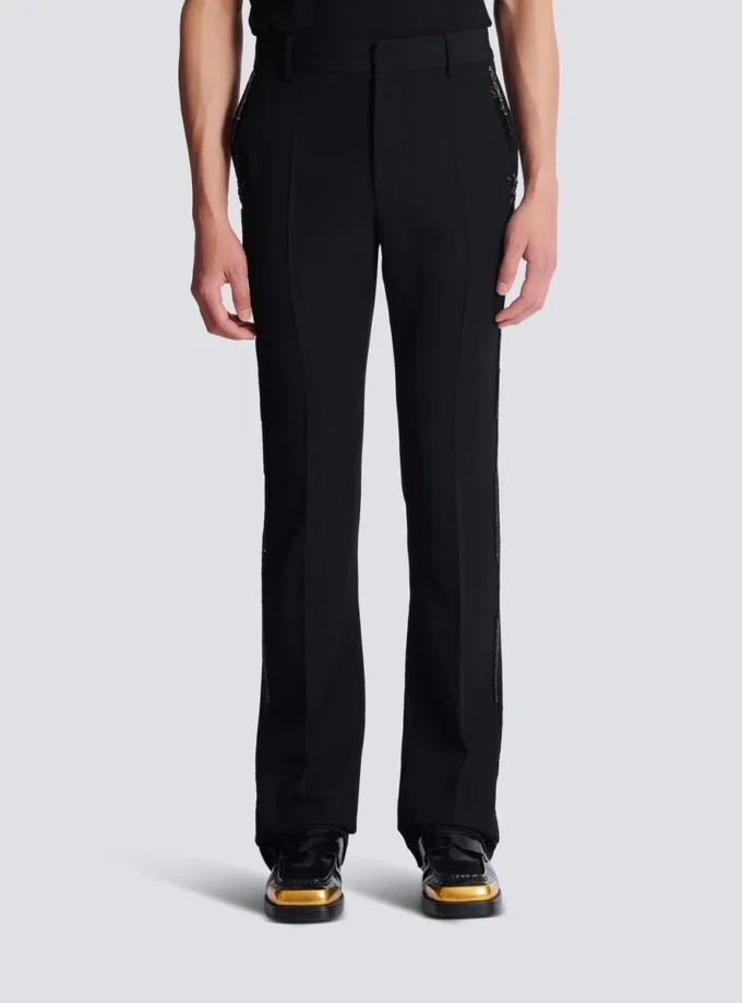 Pantaloni dritti in lana con ricami in cristallo Pantaloni dritti in lana con ricami in cristallo