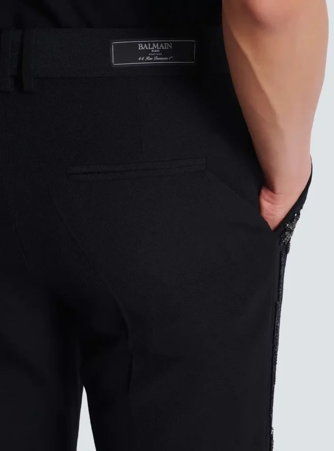Pantaloni dritti in lana con ricami in cristallo Pantaloni dritti in lana con ricami in cristallo