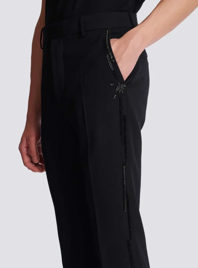 Pantaloni dritti in lana con ricami in cristallo Pantaloni dritti in lana con ricami in cristallo